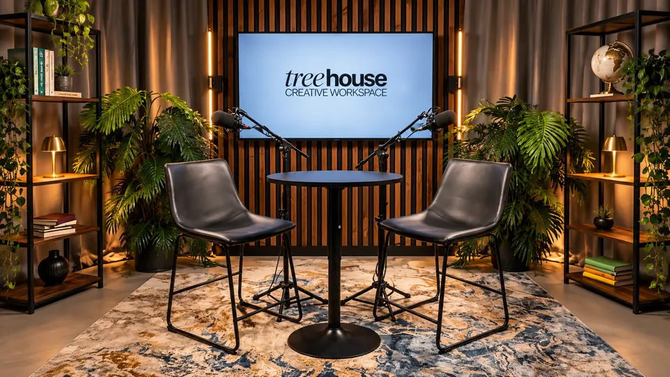 The Coffee Shop podcast setup at Treehouse Creative Workspace